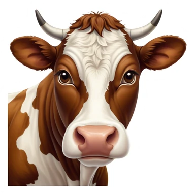 Cinematic Noble Brown and White Cow Portrait Emoji, Poised and regal, with a large, sturdy build and a beautifully patterned hide of rich brown accented by crisp white patches, deep-set soulful brown eyes, Simplified yet sharp and sophisticated features, highly detailed, glowing with a soft, dignified glow, high shine, intelligent and calm, stylized with an air of pastoral majesty, focused and attentive, soft glowing outline, capturing the essence of a watchful and confident bovine guardian, so majestic it feels as though it could amble out of the screen with effortless authority! sticker