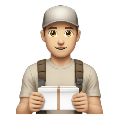 Pale skinned fit Man with dark brown hair in a beige cap, gray jeans, brown polo and white T-shirt keeping a pasted with tape white box into his hands sticker