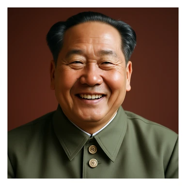 Make Mao Zedong smile, keep photorealistic style, formal attire, neutral background. sticker