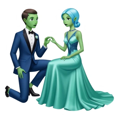 alien reptilian green skin woman, in long slim pastel blue formal party satin dress with gradient shiny sparkling navy blue diamonds embroidered , and caucasian man in black dres on his knees asks her to marry her sticker