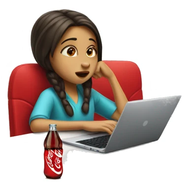 tired girl with laptop drinking coca-cola sticker