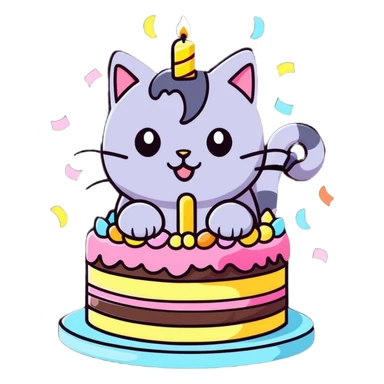 Cat coming out of birthday cake with confetti  sticker
