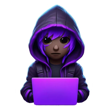 developer behind his laptop with this style : crysis Cyberpunk Valorant neon glowing bright purple character purple violet black hooded assassin themed character sticker