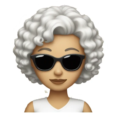 white woman with a slight tan, curly hair and sunglasses holding a cat sticker
