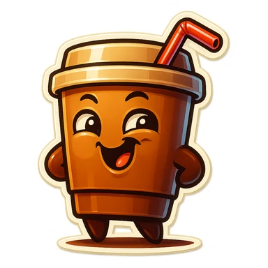 Tall coffee cup, amused, giggling, mischievous, drinking coffee with straw, looking sideways sticker