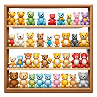 Icon for Toy Collecting: a collection of various vintage toys such as dolls, action figures and plush animals, displayed neatly on shelves or in display cases. The icon should evoke the joy and nostalgia of collecting toys. Transparent background. sticker