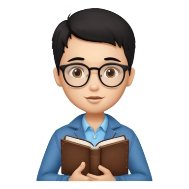 a pretty bratz boy with black hair, spectacles on, holding a book in hand and a chocolate in the other sticker