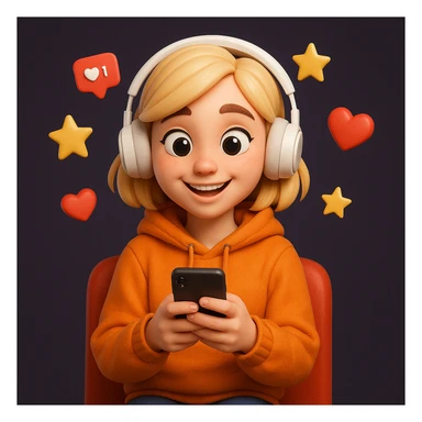 Create a detailed Generation Z girl character in a cartoonish 3D style with a happy expression, wearing an orange hoodie, sitting on a red chair, holding a smartphone in her hands and surrounded by floating icons of stars, likes and hearts.
The character should have stylised light hair, large expressive eyes, white on-ear headphones and a soft, expressive Pixar-style look.
Depict the character in full, centred in the frame, with even studio lighting, soft shadows
and a clean dark purple background for contrast. sticker