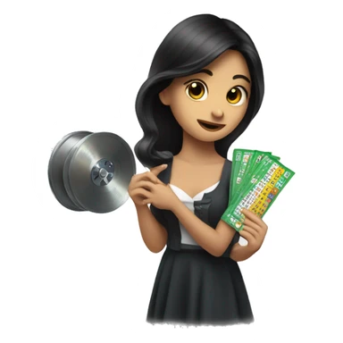 a girl with dark hair who holds a lottery ticket in her hands and spins the drawing reel sticker