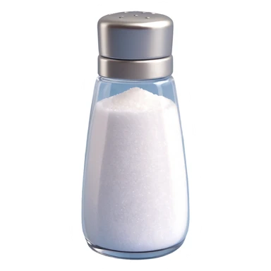 3D emoji style salt shaker, upright, silver top, clear body with white salt, simple and expressive sticker