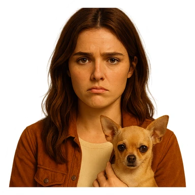 Portrait centered for Instagram profile picture inspired by the facial features visible in the reference images, with a tanned complexion, subtle freckles, shirt color #FFF8CA, rust-colored jacket, medium-length brown hair with auburn highlights, expression disappointed and sulky, holding a beige-brown chihuahua, Netflix series style, transparent background, intimate Tenerife ambiance. sticker