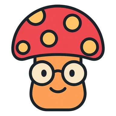 colorful icon of a mushroom with glasses and a smile sticker