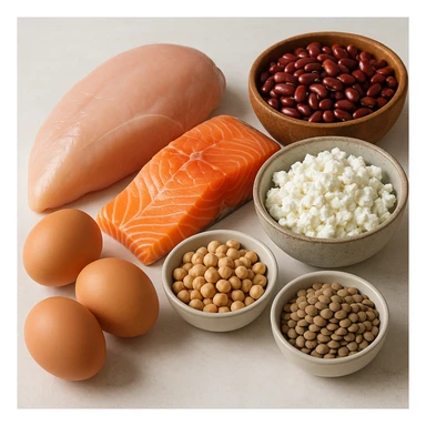 realistic image of protein sources composition with lean meat, fish, eggs, and legumes, detailed, light background sticker