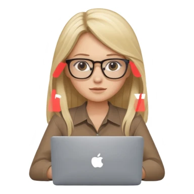 Girl in glasses, blonde long hair, brown blouse, sitting with gray MacBook sticker