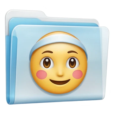 A simple emoji-style icon of a transparent white plastic folder, minimal and clean, with rounded corners, subtle translucency, soft shading, and a small self-care, skincare, routine documents symbol on the front sticker