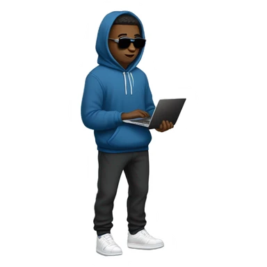 An university student in a blue hoodie with the hood down, black joggers with white sneakers carrying a closed laptop in one of his hand on the side of his body sideways and he is wearing thin sunglasses with black lens.  sticker