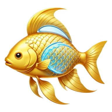 Mystical golden fish flowing in an omega shape, with its body transforming into streams of radiant energy that connect to a brain, heart, and joints. The fish appears magical and ethereal, with glowing scales and a luminous aura representing the essential nutrients of omega-3. sticker
