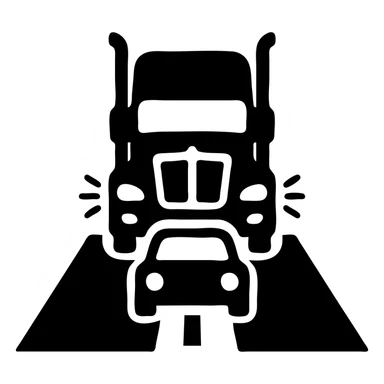 2026 Black Kenworth T680 Sleeper semi truck with tall chrome muffler stacks, headlights on, driving down a road with a car in front, minimal flat icon style, day scene sticker