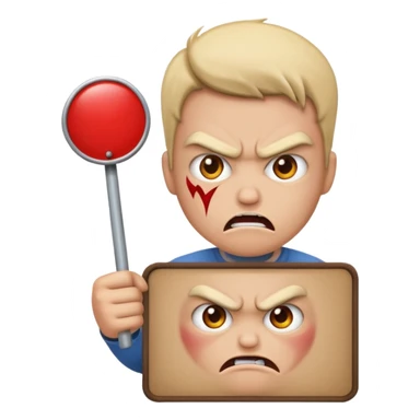 A protester with a sign with an angry face on the sign sticker