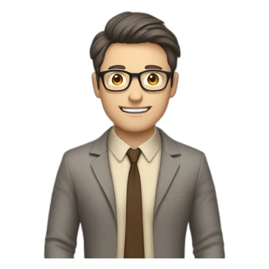 To belt Actively gesturing with hands Okay Pale skinned fit man with dark brown hair in gray jacket, beige office shirt, brown tie, brown pants and vintage glasses. sticker