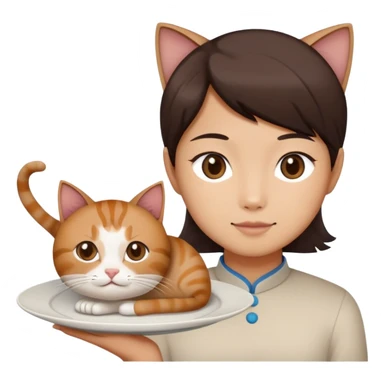 An Asian person with a plate in front of them with a cat on it sticker