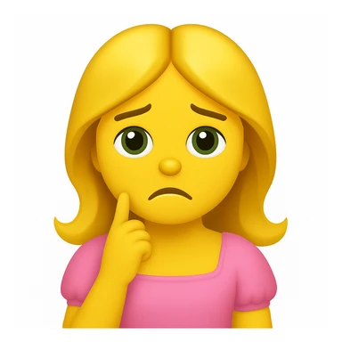 Create an iOS emoji style image of a blonde with long hair, green swamp eyes, and a pink pastel dress with a sad expression. Keep all facial features, clothes, and hairstyle from the reference image. sticker