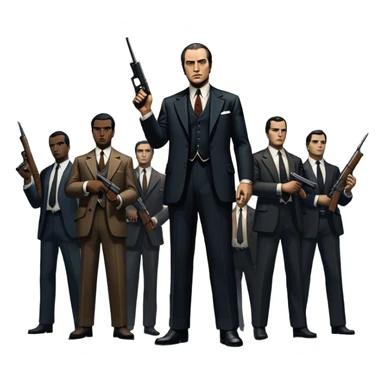 Vintage noir poster with Don Corleone surrounded by gangsters holding Thompson submachine guns. Dark and moody atmosphere with shadows, suits, and a mysterious vibe. Background features New York skyscrapers, adding to the gritty, classic gangster film feel. Transparent background. sticker