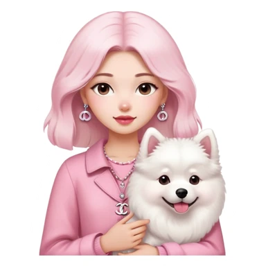 girl in pink Chanel-style outfit with white Samoyed dog sticker