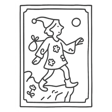 The Fool tarot card, simple and minimal, hand-drawn black outline style, no text sticker