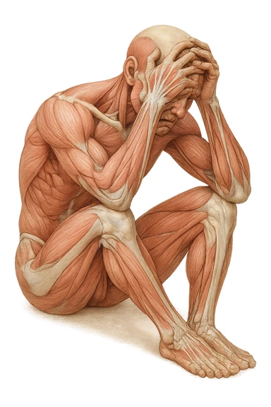 corpo umano anatomico realistico seduto a terra con postura delle spalle chiuse, mani sulla fronte ed espressione disperata in volto, isolato su sfondo bianco sticker