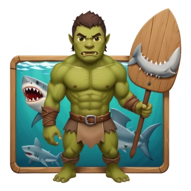 orc male holds a board with a shark painted vertically in his hands sticker