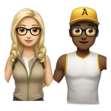 A Women with darkbrown hair and glasses in Love with a blond Man with gold glasses and a baseballcap sticker