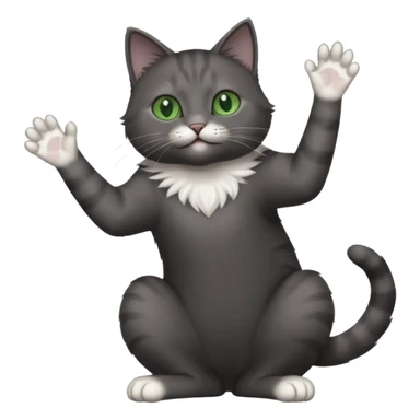full body gorgeous solid dark grey cat with green eyes, white paws and white whiskers reaching for something sticker