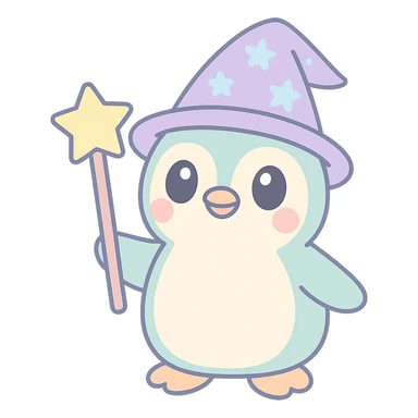 cute cartoon style penguin wizard with a starry hat and magic staff sticker