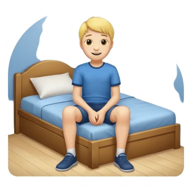 emoji- of a smiley boy sitting at the edge of the bed with legs on the floor sticker