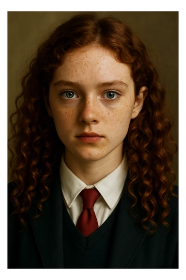 Make the girl's hair longer and curly, and put her in a school uniform. Maintain the original style and details of the image. sticker