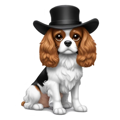 Un cavalier King Charles noir et blanc, avec un chapeau haut de forme chic noir sticker
