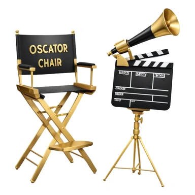 Icon for Directing: professional collage with director's chair, a film slate, a megaphone and an Oscar statuette. The icon should represent the creative and leadership aspects of directing, with focus on film and theater production. Transparent background. sticker