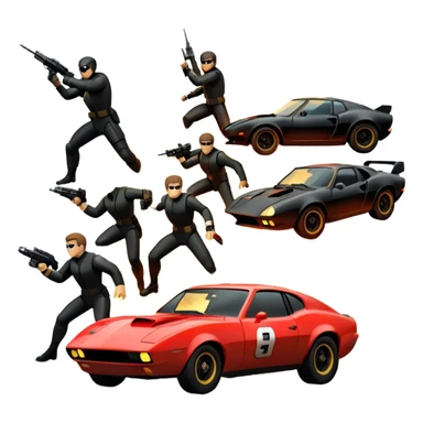 Photorealistic Icon for Action Movies: Close-up Dynamic collage of iconic action movie scenes featuring explosions, fast cars, combat, and weapons. Include silhouettes of famous action heroes, dramatic lighting, and a sense of high-octane energy. Transparent background. sticker