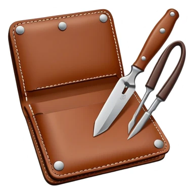 Leatherworking icon, piece of raw leather being crafted into a leather wallet or belt with engraving, professional tools like leather stitching awl, edge beveler, hammer, prying tool, minimalistic style, clean lines, transparent background. sticker