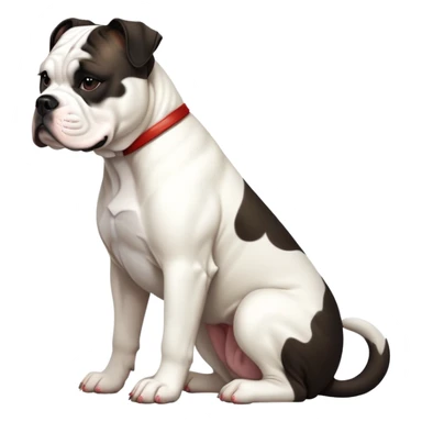 cinematic-[american bulldog]-realistic-full-body-sitting-emoji,-tail-resting-loosely-beside-its-paws,-head-tilted-dramatically,-sleek-[pied black]-fur,-simplified-yet-realistic-focused-features,-highly-detailed,-glowing-with-an-almost-sarcastic-glow sticker
