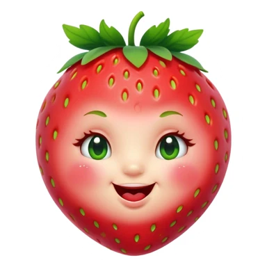Cinematic plump happy strawberry, glossy bright red, tiny round eyes and blushing cheeks, green leafy top slightly tilted, cheerful and charming. sticker
