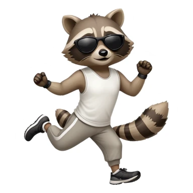 friendly anthropomorphised raccoon in sports wear, wearing dark sunglasses, jogging upright, mafia style sticker