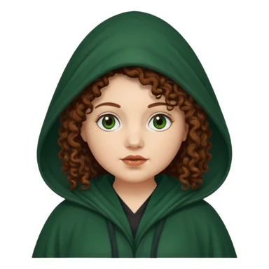 A white woman with a chubby face, with long dark auburn hair, cloaked and hooded like she's a Traitor in the tv show 'The Traitors'. her hair is frizzy curly, not with defined curls, and the robe is a very dark green/almost black color sticker