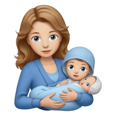 Caucasians light brown wavy haired woman with brown skinned newborn in carrier. Mom has blue eyes and just one baby sticker