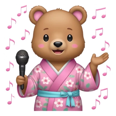 A cute light-brown bear wearing a pastel pink sakura-patterned kimono, normal balanced body ratio.  
Holding a microphone and singing happily, music notes floating around and a bright joyful smile.  
Kawaii emoji style, minimalistic clean sticker illustration, white background. sticker