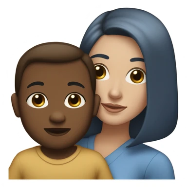 white woman, with straight long mid hair, dark brown hair, blue eyes, round face, uni-lips. holding her baby boy, one year old, brown skin, bit of hair straight brown smiling sticker