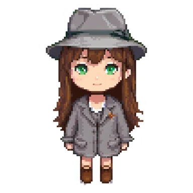 girl with brown hair and a grey fedora, pixel art, simple background sticker