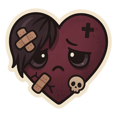 emo heart, bandaged, dark colors, subtle skull or cross motif, emotional expression, chibi style sticker