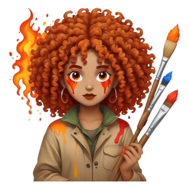 Artistic character with crazy wild hair, creative chaotic vibes, holding paint brushes and surrounded by intense fiery artwork sticker